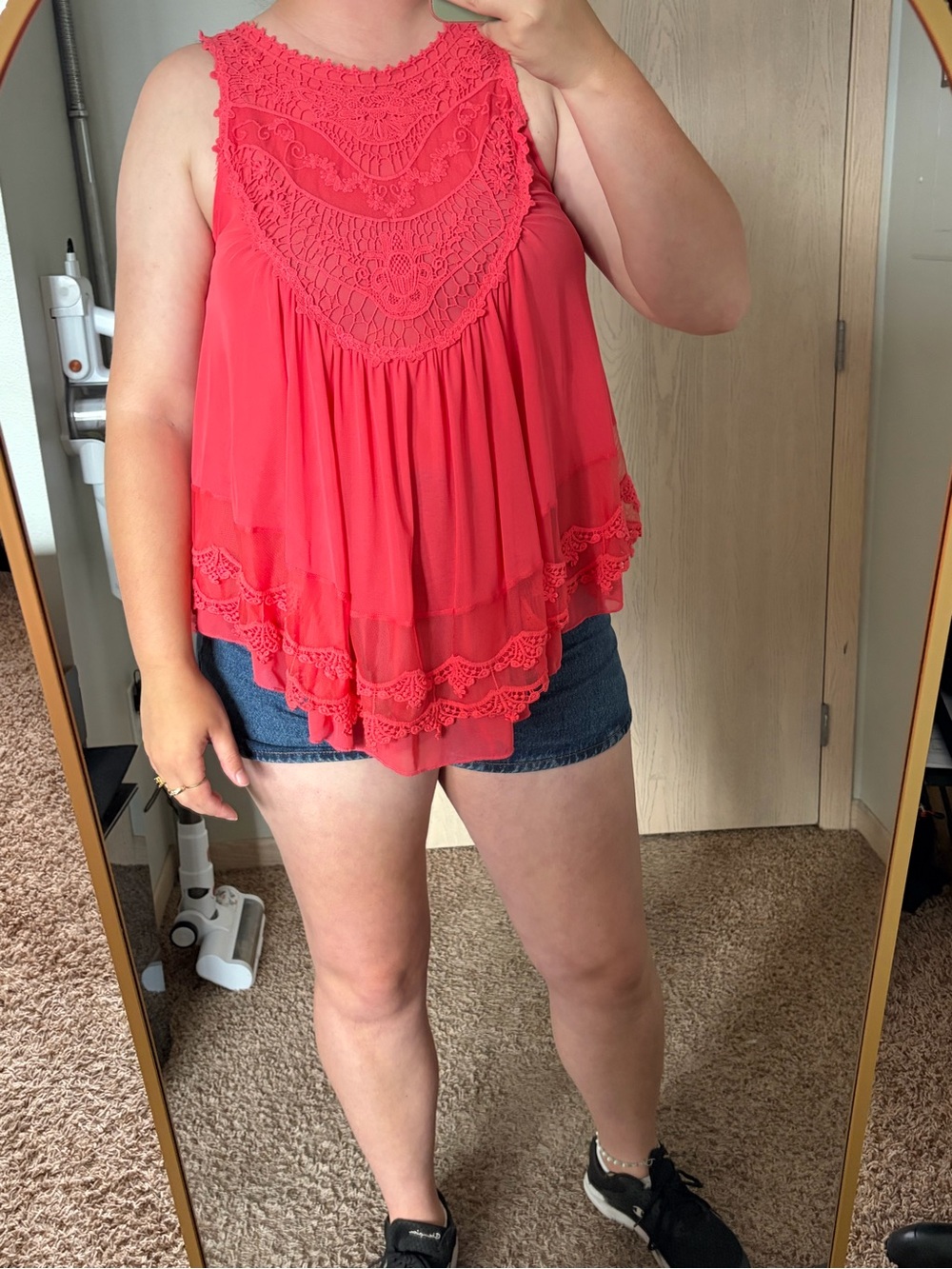 Coral Pink Tank Blouse with Lace Trimming and Button Back